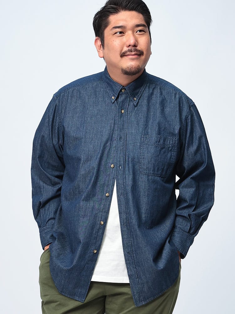 長袖 デニムシャツ 6.5オンス ボタンダウン トップス 無地 ポケット 大きいサイズ メンズ