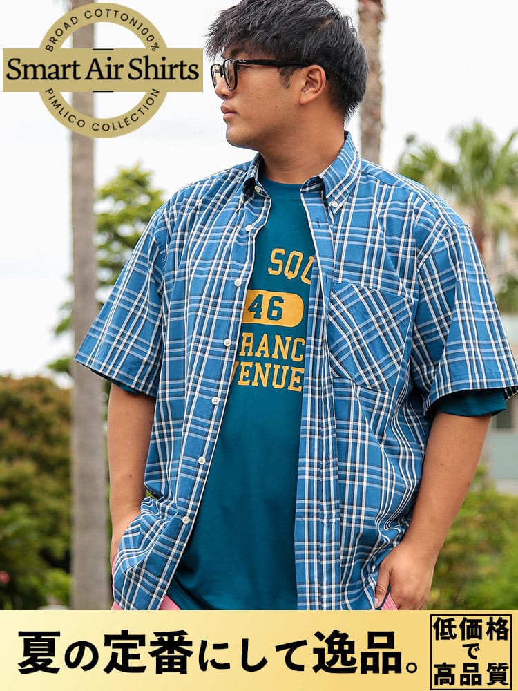 EC限定商品 半袖 シャツ ブロードチェック ボタンダウン トップス チェックシャツ 夏物 大きいサイズ メンズ