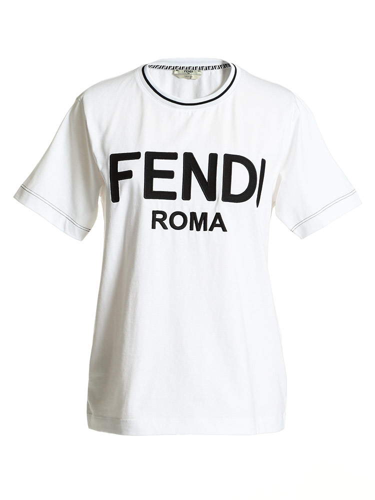 FENDI (フェンディ) 綿100％ ロゴ刺繍 ライン クルーネック 半袖 Tシャツ FDLFS7254AC6B レディース ロゴ