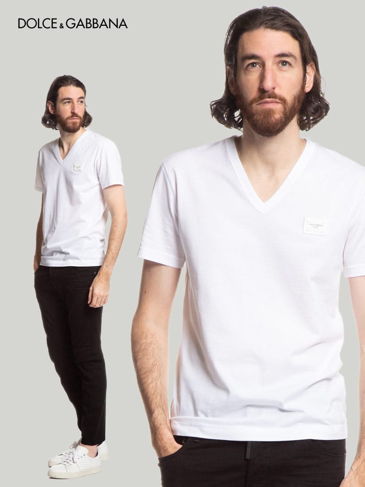 DOLCE&GABBANA (ドルチェ&ガッバーナ) ロゴプレート Vネック 半袖 Tシャツ DGG8KK0TFU7EQ ブランド