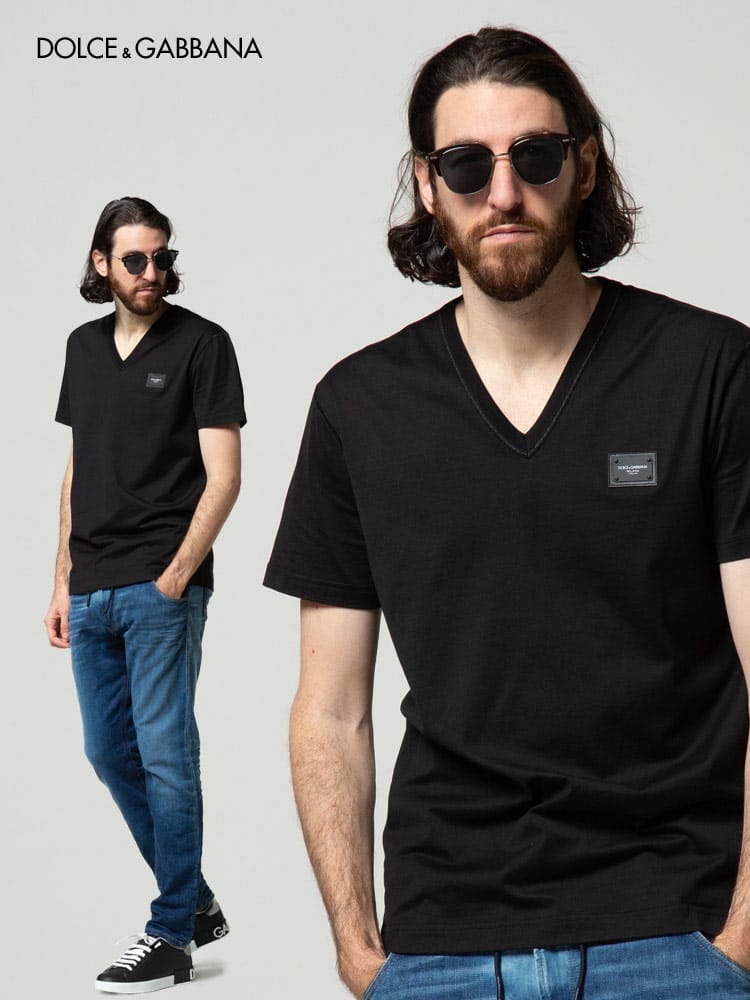 DOLCE&GABBANA (ドルチェ&ガッバーナ) ロゴプレート Vネック 半袖 Tシャツ DGG8KK0TFU7EQ ブランド
