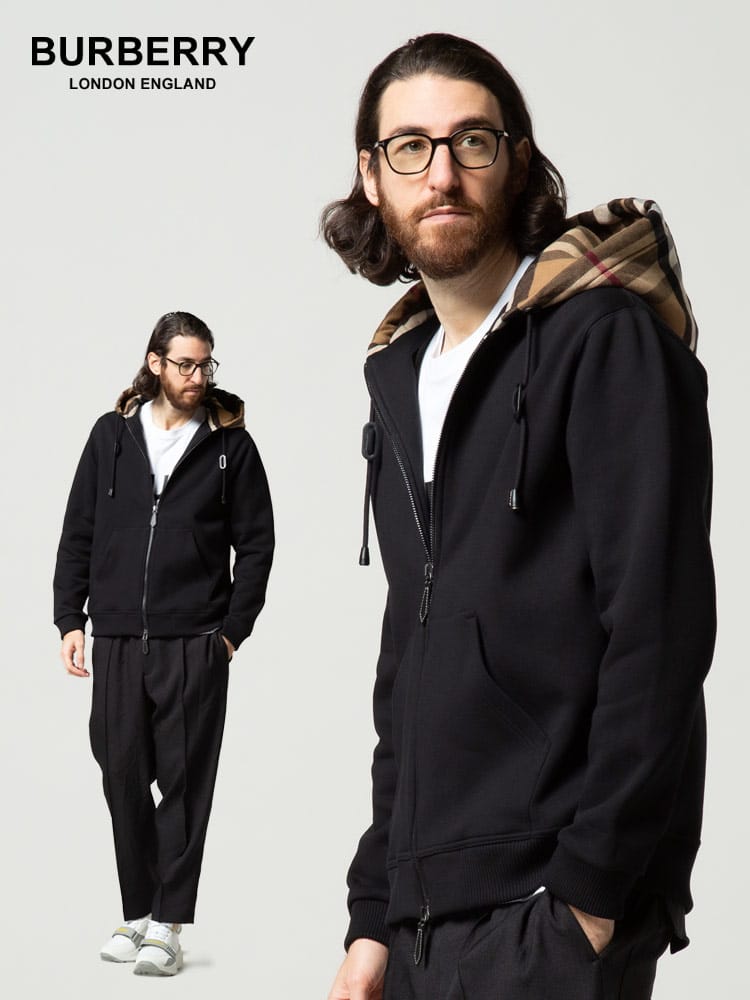 BURBERRY (バーバリー) 裏起毛 チェックフード フルジップ 長袖 パーカー BB8048026 ブランド メンズ スウェット