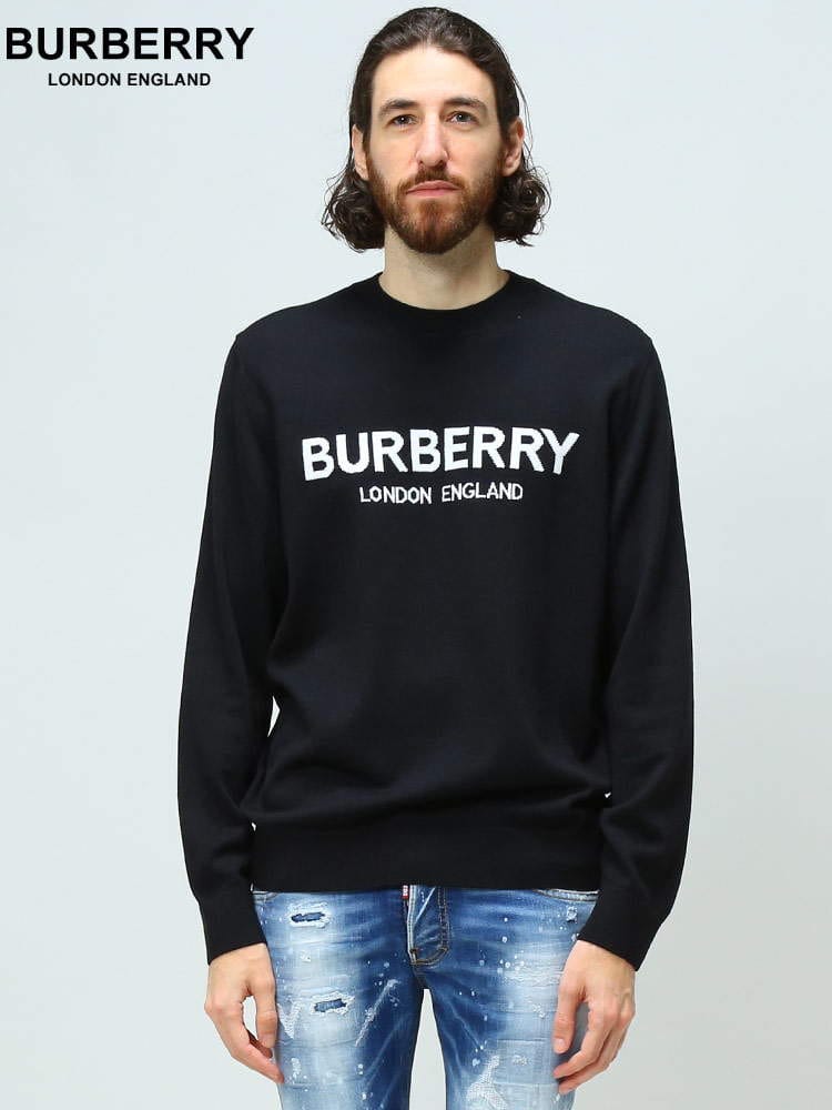 【2022秋冬新作】 バーバリー メンズ セーター BURBERRY ブランド トップス ニット プルオーバー ロゴインターシャ ロゴ ウール 黒 クロ 大きいサイズ BB8054896