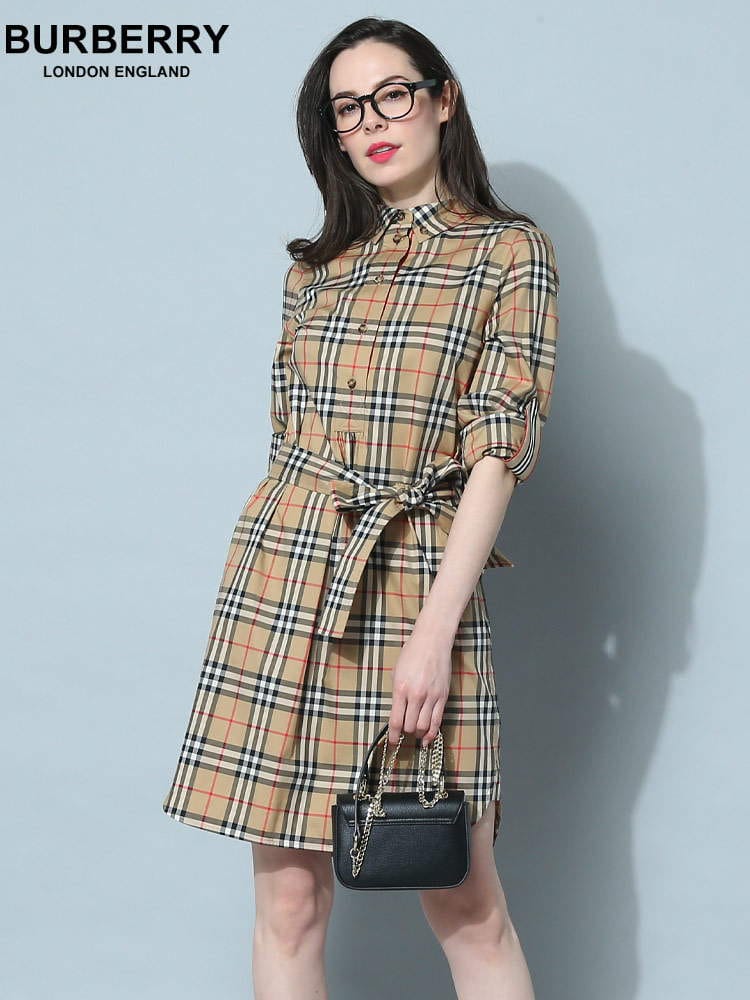 BURBERRY バーバリー レディース ワンピース  ヴィンテージチェック ストレッチコットン タイウエスト シャツドレス ブランド BBL8024585