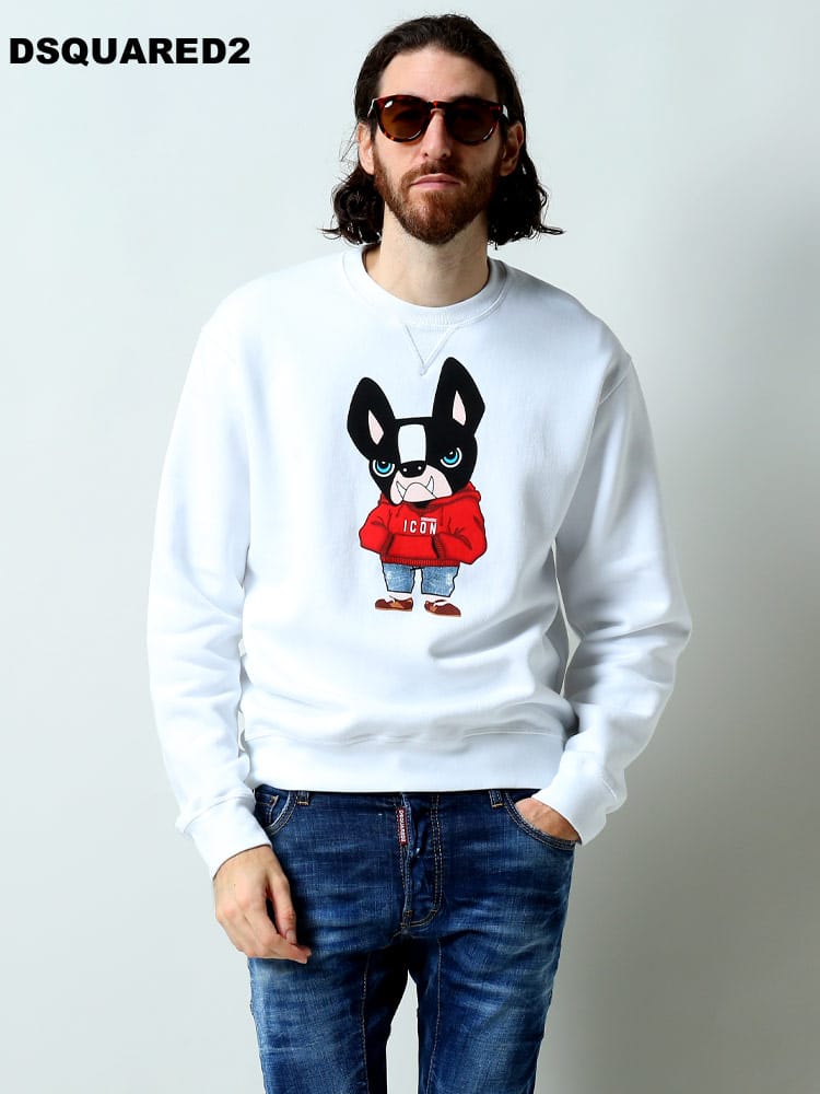 ディースクエアード メンズ トレーナー DSQUARED2 ブランド トップス プルオーバー スウェット スウェットシャツ 長袖 ICON ドッグ プリント 裏起毛 フリース クルーネック D2GU0083S25516