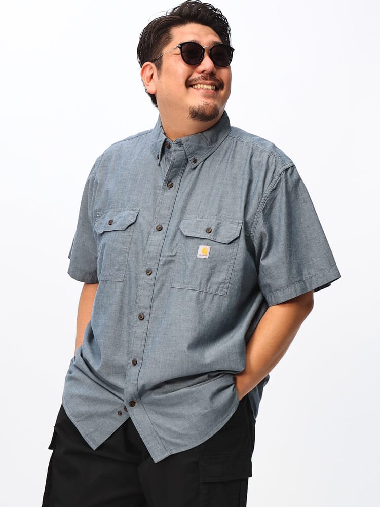 半袖 Tシャツ フラップポケット ルーズフィット ミッドウェイト シャンブレー カジュアルシャツ 大きいサイズ メンズ