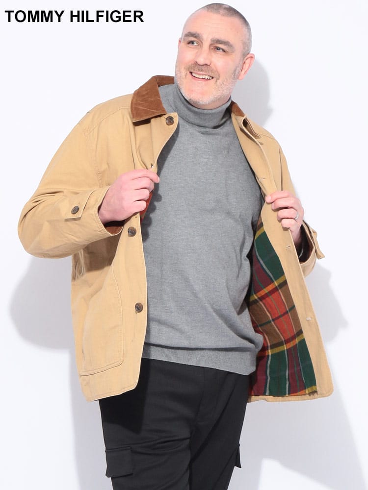 【WEB先行値下げ】ハーフコート 襟コーデュロイ フルジップ チェック/無地 アウター カバーオール 襟コール 大きいサイズ メンズ