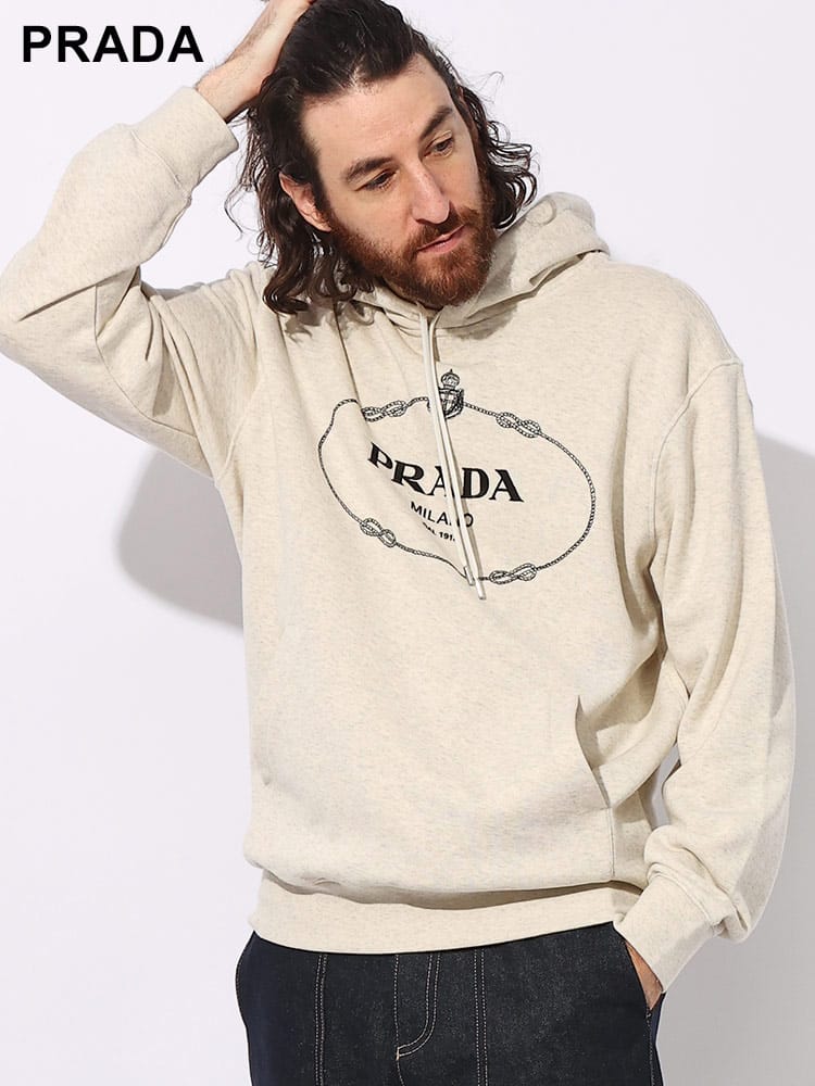 PRADA (プラダ) 裏毛 ロゴ刺繍 ポケット付き プルオーバー パーカー メンズ スウェット