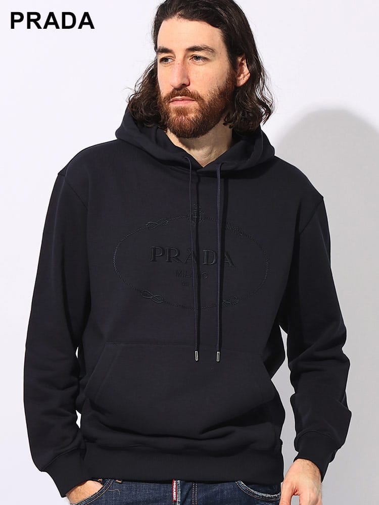 PRADA (プラダ) 裏毛 ロゴ刺繍 ポケット付き プルオーバー パーカー メンズ スウェット