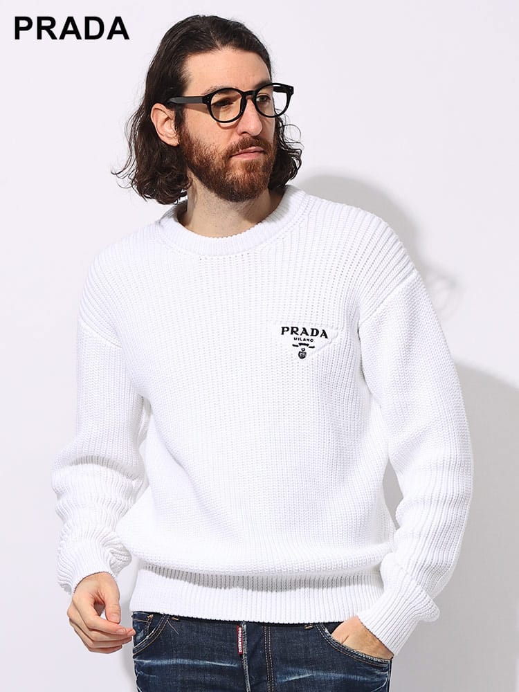 PRADA (プラダ) コットン ロゴ刺繍 クルーネック セーター
