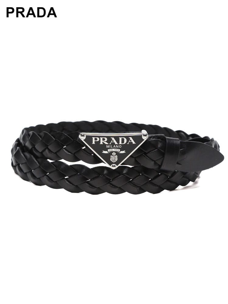 PRADA (プラダ) レザー ブレード編み ロゴバックル留め メッシュベルト