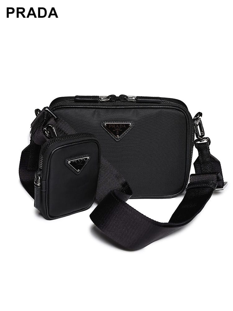 PRADA (プラダ) ナイロン＆レザー 着脱ミニポーチ付き ブリックバッグ 