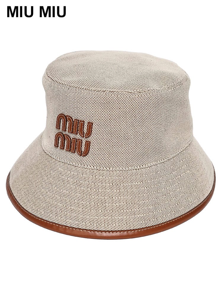 MIUMIU (ミュウミュウ) キャンバス レザーパイピング ロゴ バケットハット MIU5HC196 レディース