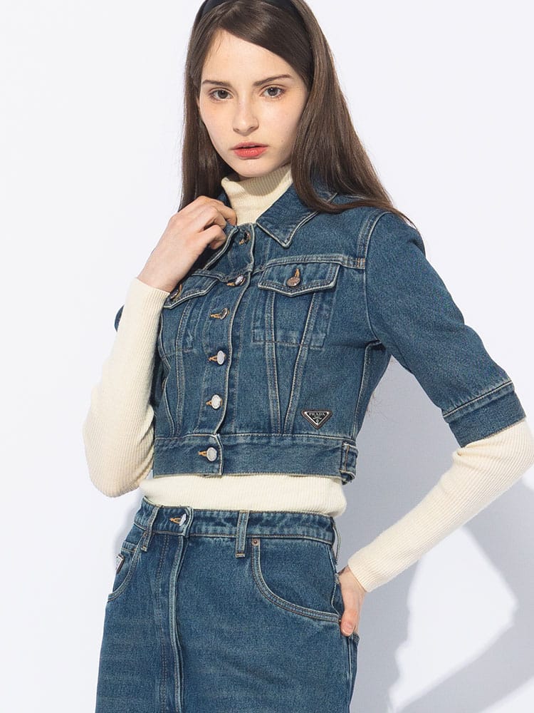 PRADA (プラダ) ウォッシュ加工 タイトフィット 半袖 デニムジャケット PRLGFB31612OY レディース