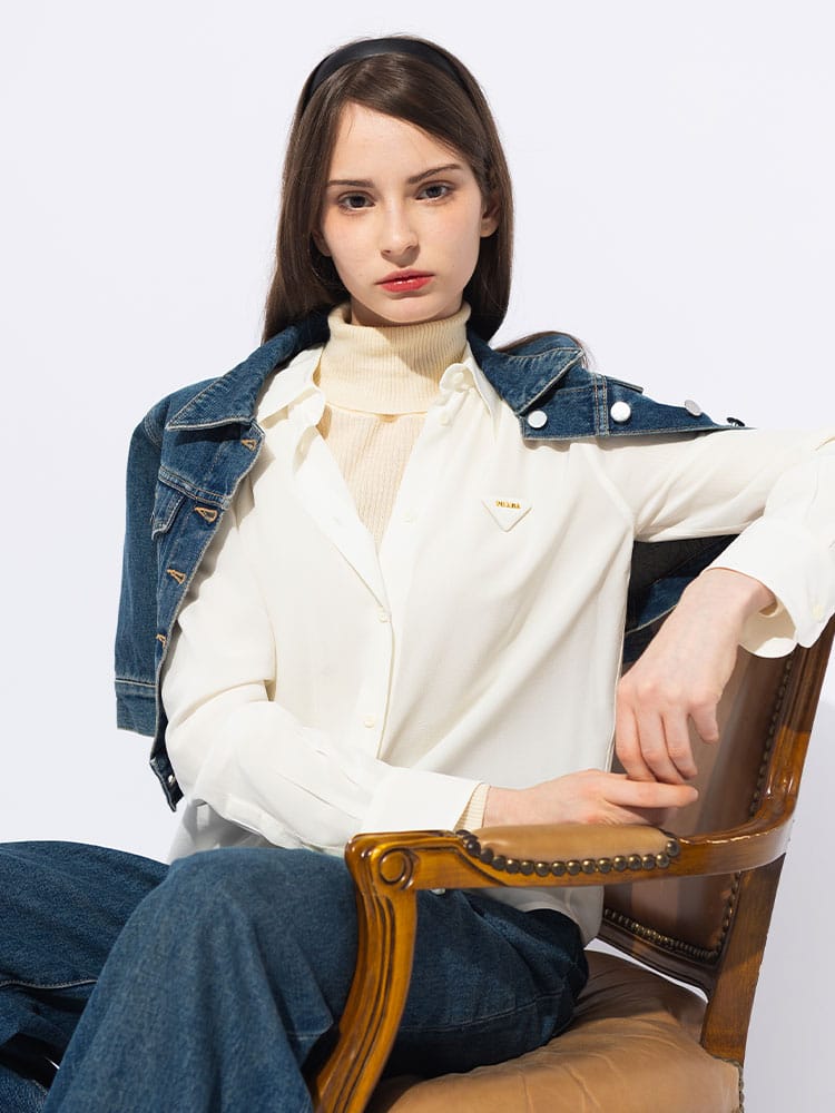 PRADA (プラダ) シルク 立体ロゴ 長袖 シアーシャツ PRLP473F14KG レディース