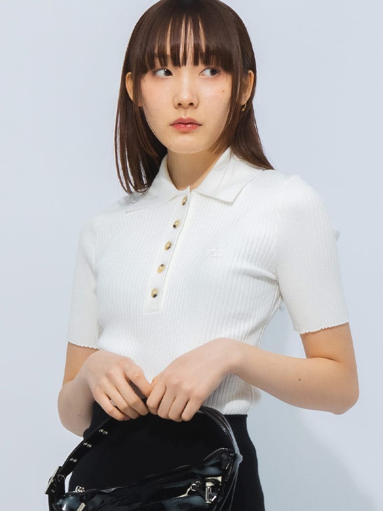 courreges (クレージュ) リブニット ロゴ刺繍 半袖 ポロシャツ CORVESMPO029F11 レディース