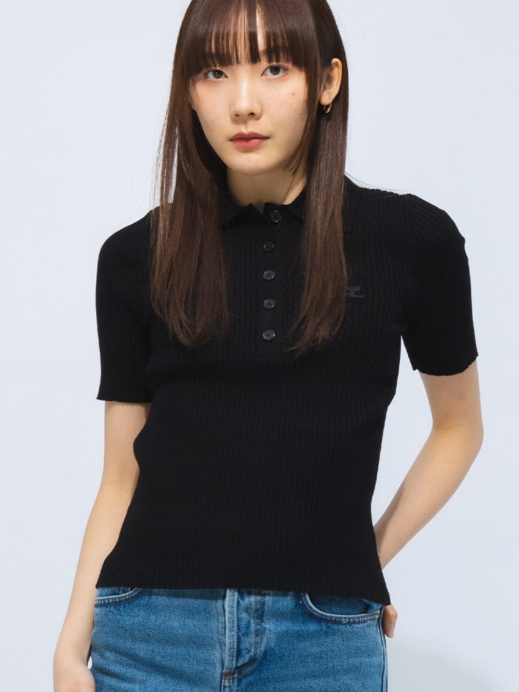 courreges (クレージュ) リブニット ロゴ刺繍 半袖 ポロシャツ CORVESMPO029F11 レディース