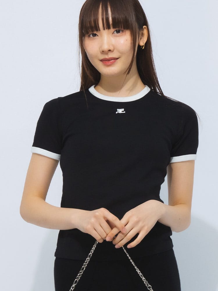 courreges (クレージュ) コットン シグネチャーコントラスト クルーネック 半袖 Tシャツ CORVESJTS017JS7 レディース
