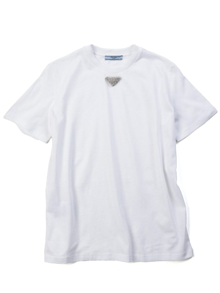 PRADA (プラダ) コットン トライアングルモチーフ クルーネック 半袖 Ｔシャツ PRL35838R16DV レディース