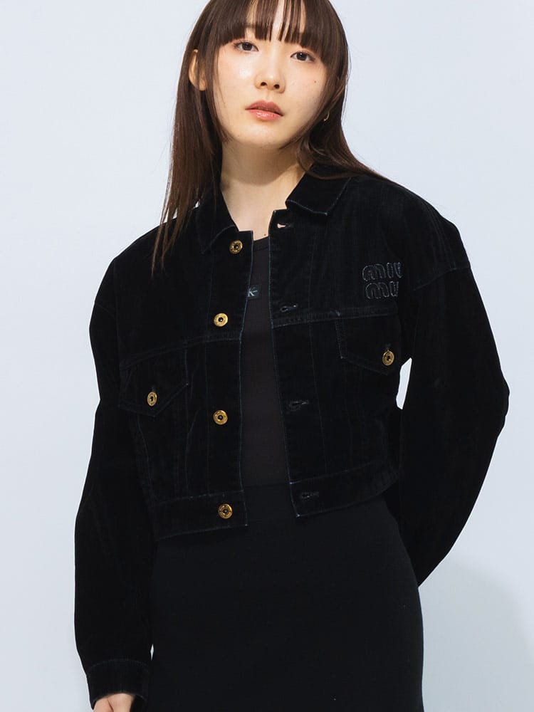 MIU MIU (ミュウミュウ) ウォッシュドベルベット ロゴ刺繍 クロップド  