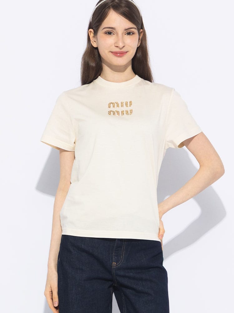 MIU MIU (ミュウミュウ) ラインストーン フロントロゴ クルーネック 半袖 Tシャツ  MIUMJN4991585 レディース