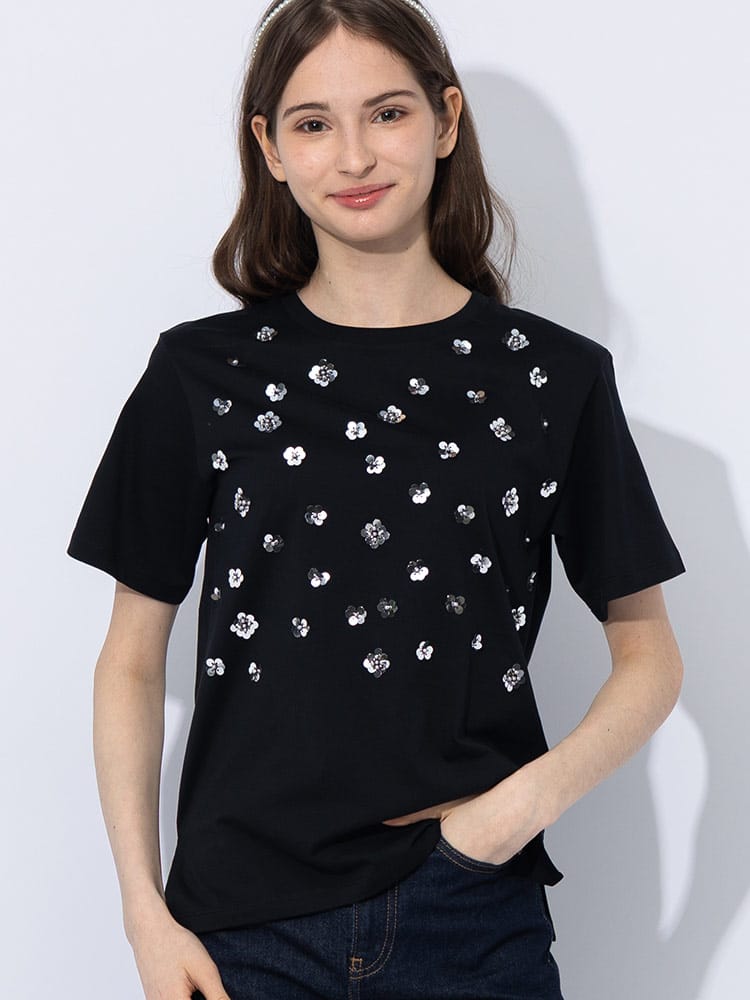 MAX MARA (マックスマーラ) ビーズフラワー クルーネック 半袖 Tシャツ 