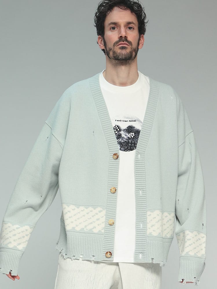 Feng Chen Wang (フェン・チェン・ワン) ダメージ ライン Vネック カーディガン FCWFUS19KT06G メンズ