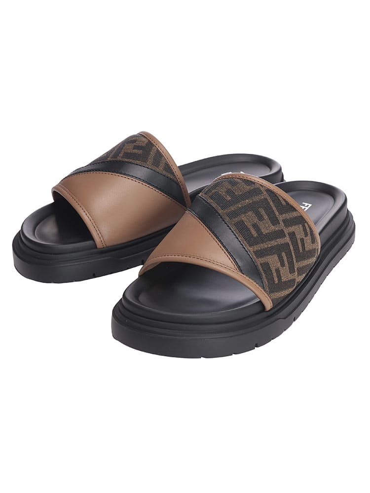 FENDI (フェンディ) FFジャカード ダイアゴナル レザー スライド 