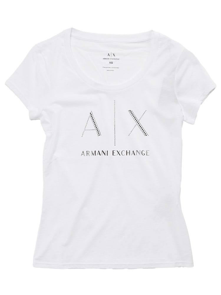 ARMANI EXCHANGE (アルマーニ エクスチェンジ ) ラインストーンロゴ クロップド丈 クルーネック 半袖 Tシャツ レディース