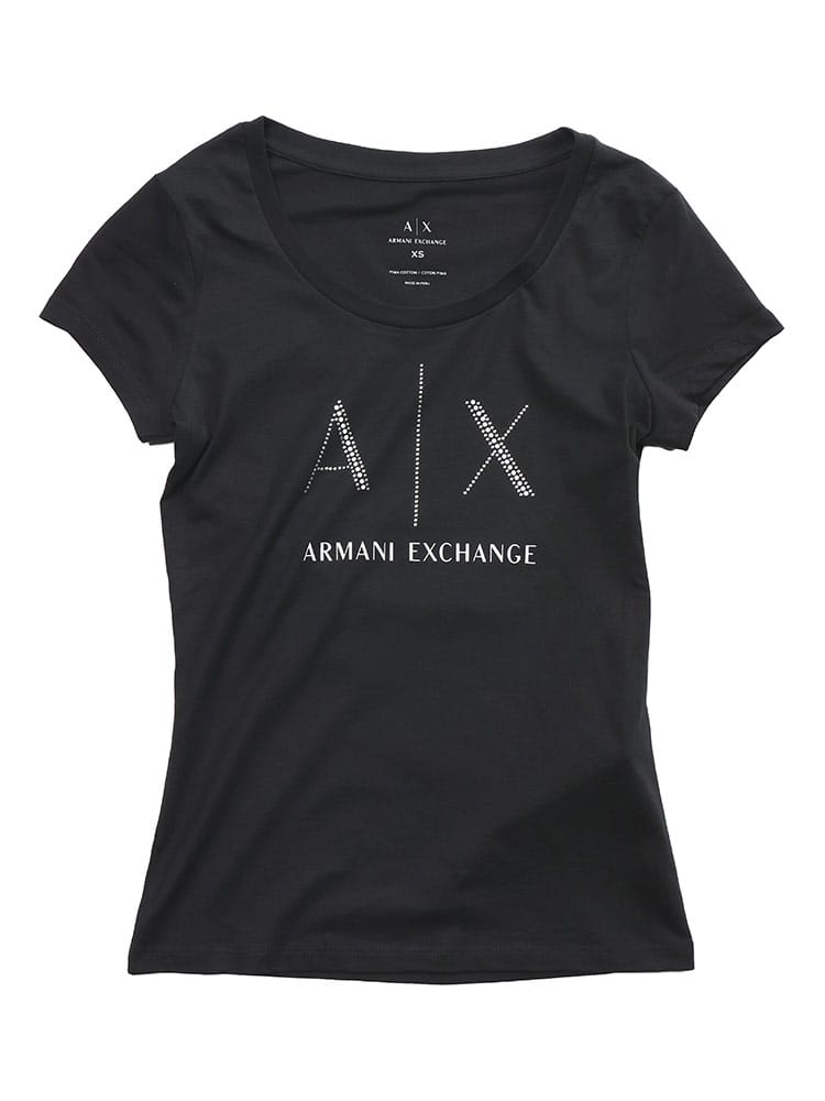 ARMANI EXCHANGE (アルマーニ エクスチェンジ ) ラインストーンロゴ クロップド丈 クルーネック 半袖 Tシャツ レディース
