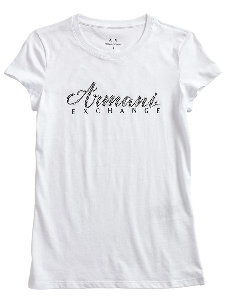 ARMANI EXCHANGE (アルマーニ エクスチェンジ) ラインストーンロゴ クルーネック 半袖 Tシャツ レディース
