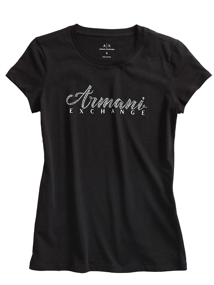 ARMANI EXCHANGE (アルマーニ エクスチェンジ) ラインストーンロゴ クルーネック 半袖 Tシャツ レディース