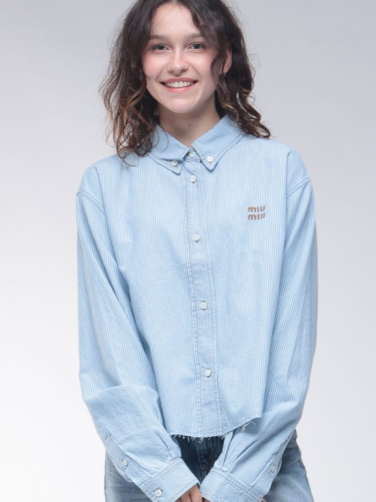 MIU MIU (ミュウミュウ) ロゴ刺繍 ストライプ 長袖 クロップドシャツ MIUGWC13117NO レディース