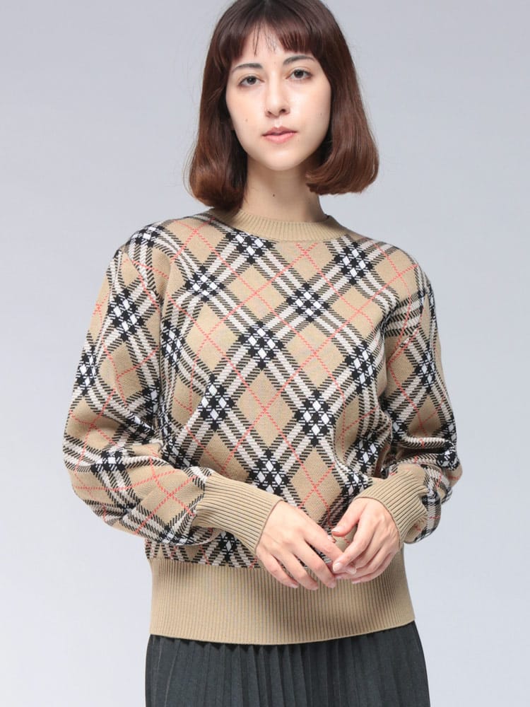BURBERRY (バーバリー) エンブロイダード チェック クルーネック ウール セーター BBL8110514 レディース