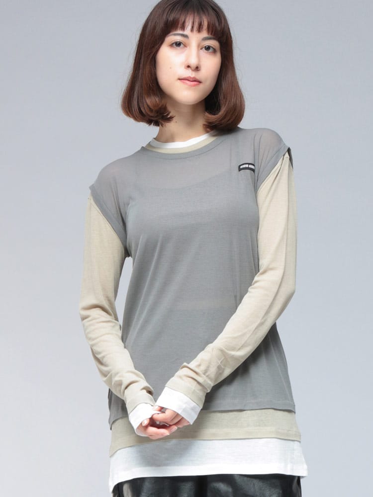 MIU MIU (ミュウミュウ) 3レイヤード コットンガーゼ クルーネック 長袖 Tシャツ MIUMJA90617L2 レディース