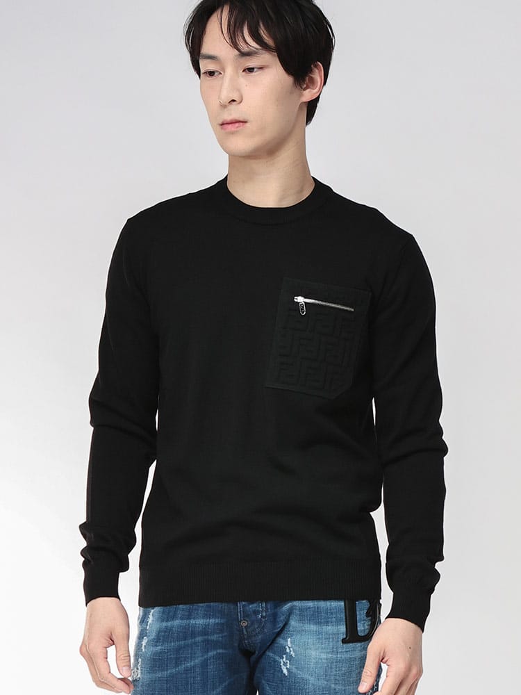 FENDI (フェンディ) ロゴ ジップ ズッカ柄 ポケット クルーネック ニット FDFZE035ATMO メンズ