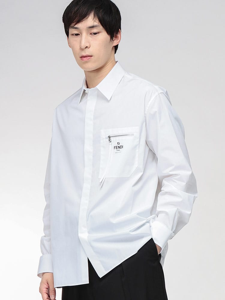 FENDI (フェンディ) ロゴ 無地 ジップポケット 長袖 シャツ FDFS1098AN08 メンズ