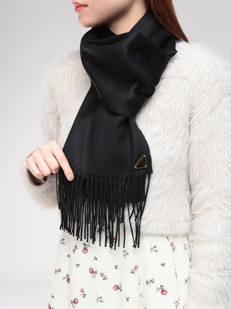 PRADA (プラダ) トライアングルロゴ カシミヤ混 ワンポイント ロゴ フリンジ マフラー PRL1FS0652COP レディース