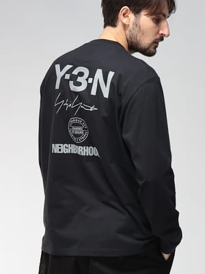 Y-3 (ワイスリー) NEIGHBORHOOD コラボ ロゴ フロッキー プリント コットン 長袖 Tシャツ NBHD LOGO LS TEE Y3JW7001 メンズ
