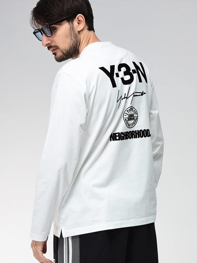 Y-3 (ワイスリー) NEIGHBORHOOD コラボ ロゴ フロッキー プリント コットン 長袖 Tシャツ NBHD LOGO LS TEE Y3JX7455 メンズ