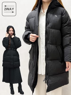 Calvin Klein (カルバンクライン) ベルト付き ミッドウェイト ロング丈 Aライン パファー 中綿 コート CKLLV047D508G レディース