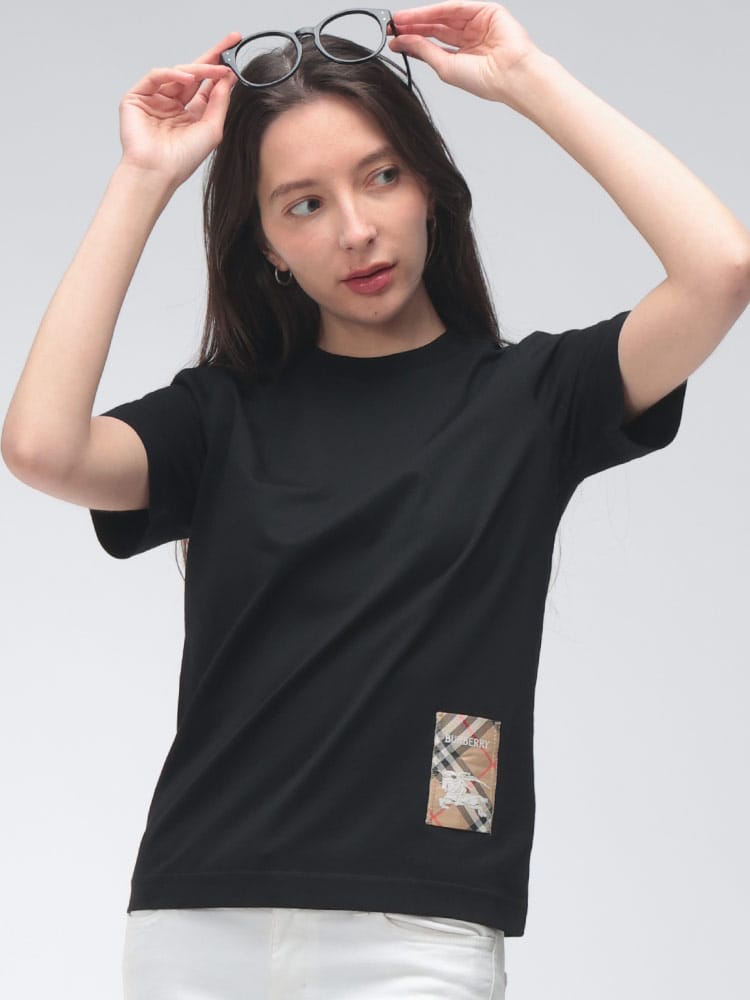BURBERRY (バーバリー) レディース Tシャツ 半袖 ロゴ チェック ラベル クルーネック コットン カットソー BBL8104883