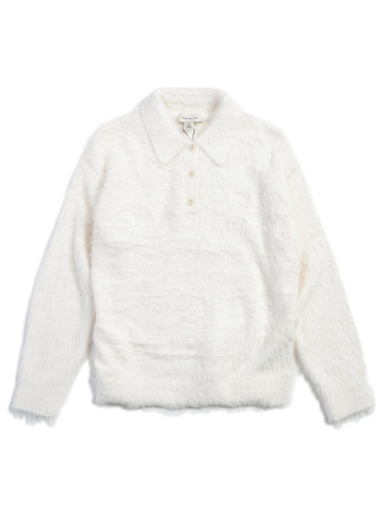 Calvin Klein (カルバンクライン) レディース ニットポロシャツ 長袖 ロゴ 刺繍 ファジーニット 襟付き ポロセーター CKLLV044E370G