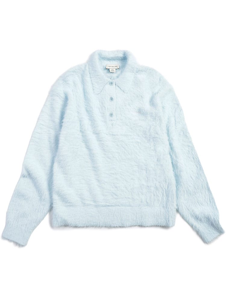 Calvin Klein (カルバンクライン) レディース ニットポロシャツ 長袖 ロゴ 刺繍 ファジーニット 襟付き ポロセーター CKLLV044E370G