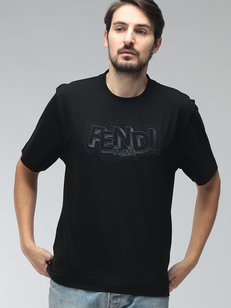FENDI (フェンディ) メンズ Tシャツ 半袖 ロゴ 刺繍 クルーネック コットン Tシャツ FDFY0936AW0W