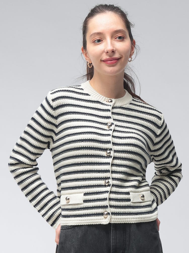 MAX MARA (マックスマーラ) レディース カーディガン 長袖 ボーダー クルーネック コットン ニット VODKA ウォッカ MXLVODKA6