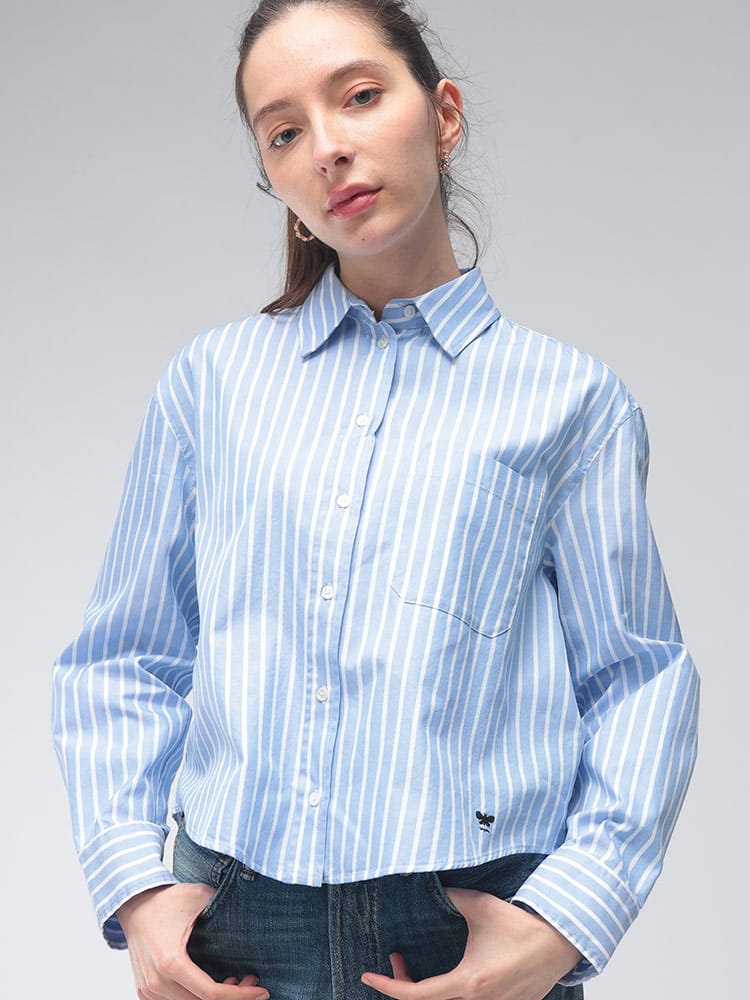 MAX MARA (マックスマーラ) レディース シャツ 長袖 ロゴ ワンポイント ストライプ ポケット クロップド丈 シャツ CARTONE カルトーネ MXLCARTONE6