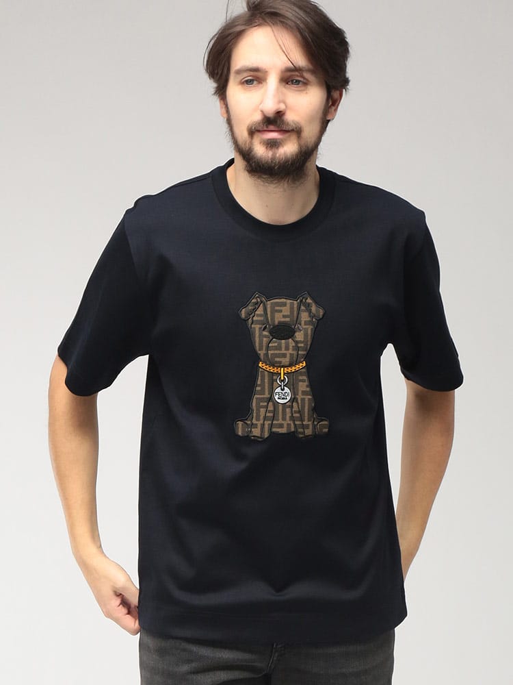 FENDI (フェンディ) メンズ Tシャツ 半袖 ロゴ ドッグ クルーネック 