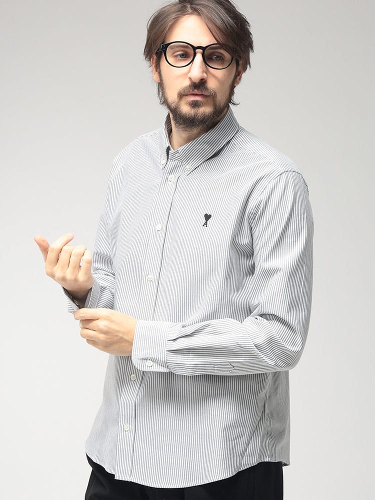 AMI PARIS (アミパリス) メンズ シャツ 長袖 ワンポイント ストライプ ボタンダウン AMHSH763CO0087