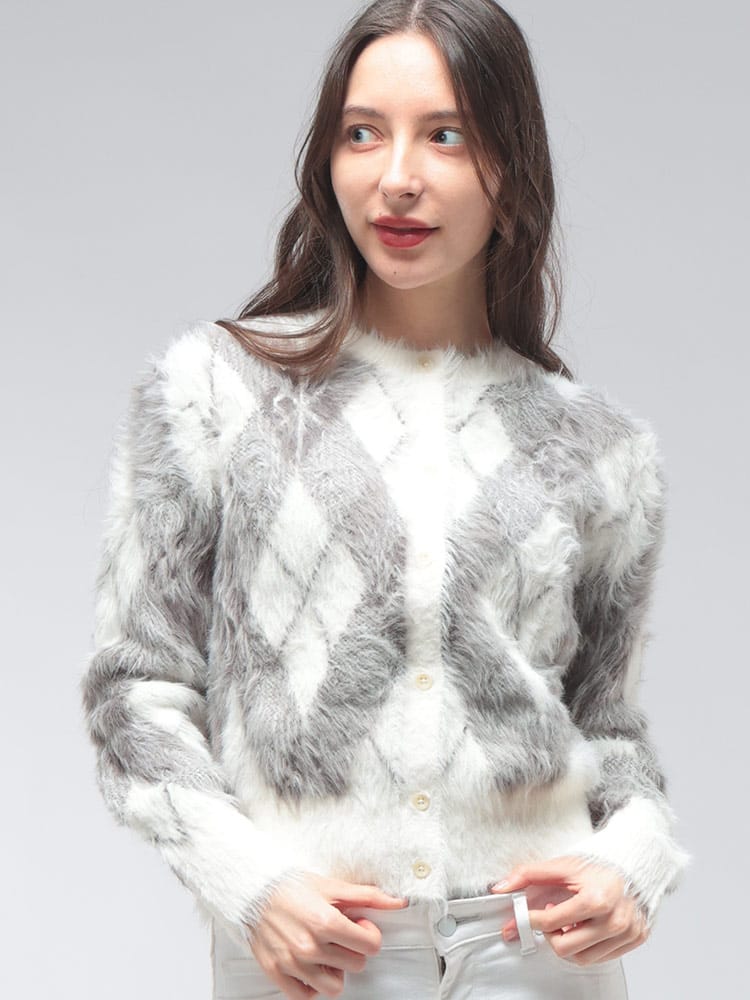Calvin Klein (カルバンクライン) レディース カーディガン 長袖 ファジー アーガイル クルーネック ニット CKLLV044E317G